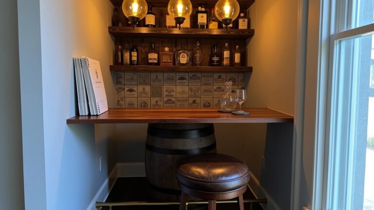 Compact built-in wall nook with wooden countertop, leather stool, whiskey label tile backsplash, and warm pendant lighting