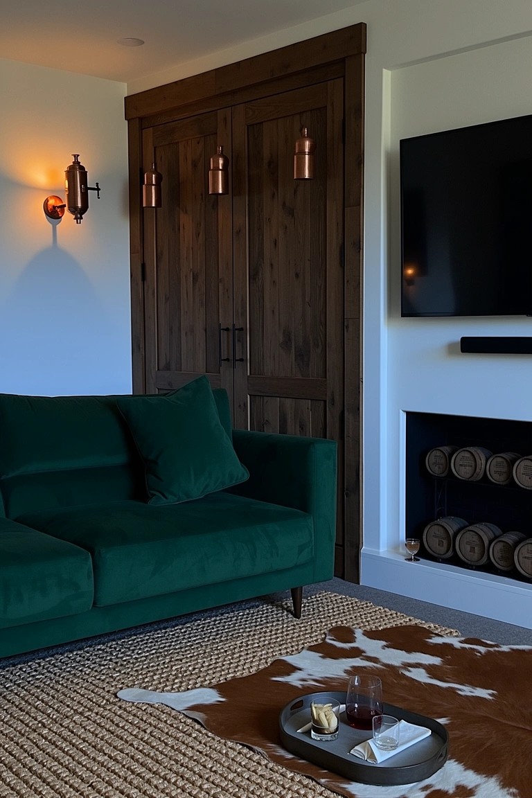 Green velvet sofa facing a fireplace with a cowhide rug and whiskey tray in front, rustic wooden doors and copper sconces on white walls