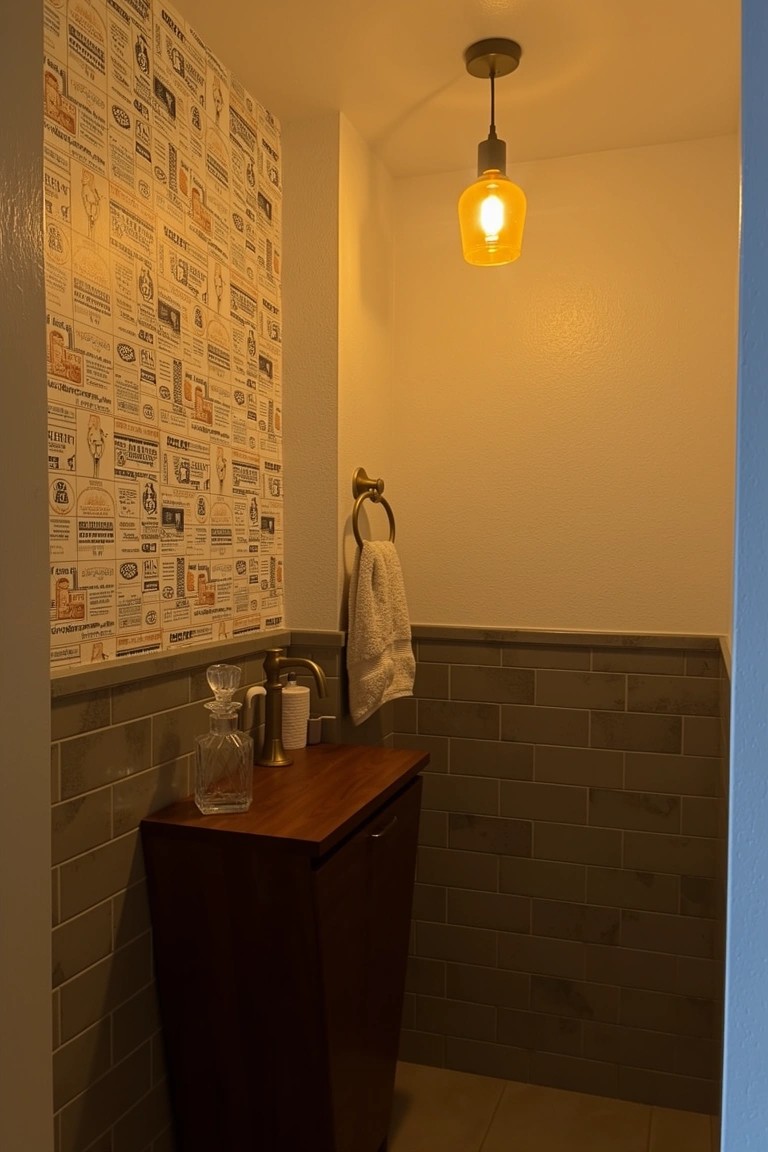 Small powder room with newsprint wallpaper on upper walls, wooden vanity, gray lower tiles, and hanging yellow bulb