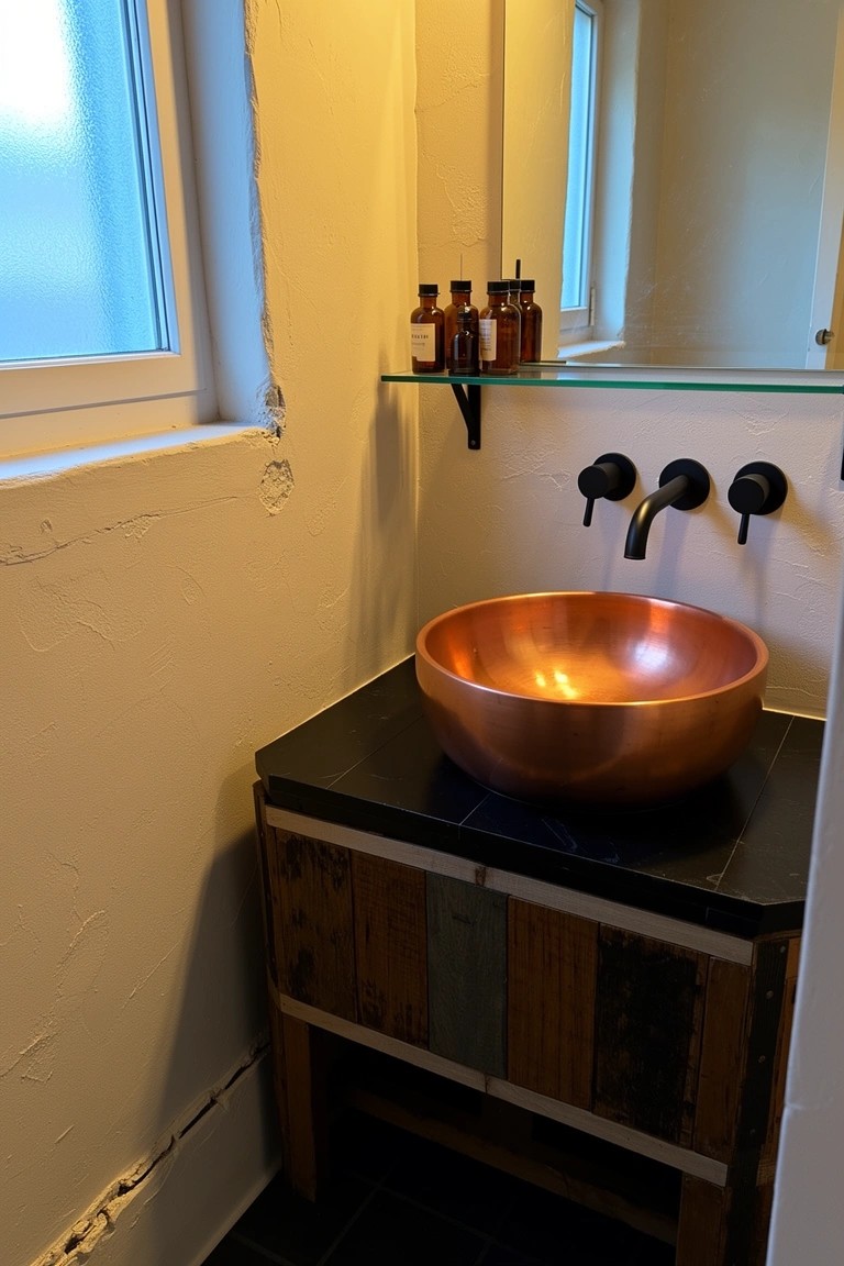 Rustic Wood Vanity with Copper Sink