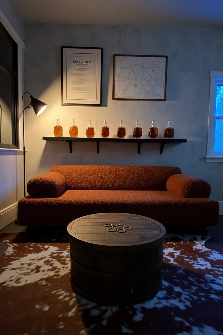 Cozy room corner with whiskey barrel coffee table, red corduroy sofa, bottle shelves, and cowhide rug