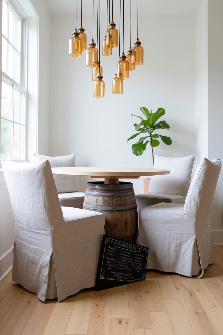 Cozy breakfast nook with round table on whiskey barrel base, white slipcovered chairs, amber pendant lights, and potted plant