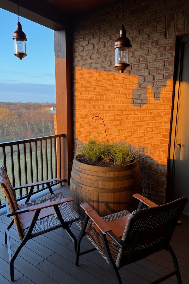Balcony setup with whiskey barrel planter filled with grass, two wicker chairs, brick walls, and hanging lanterns