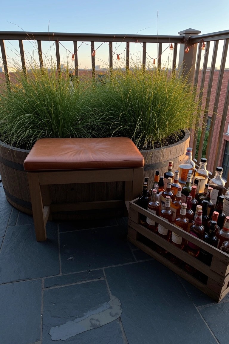 Repurposed whiskey barrel as planter with tall grasses beside a barrel stool and wooden crate of whiskey bottles on a deck