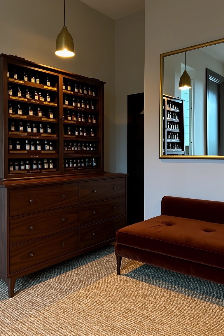 Tall wooden cabinet filled with rows of small whiskey bottles on shelves, paired with matching dresser and red velvet bench in a neutral room
