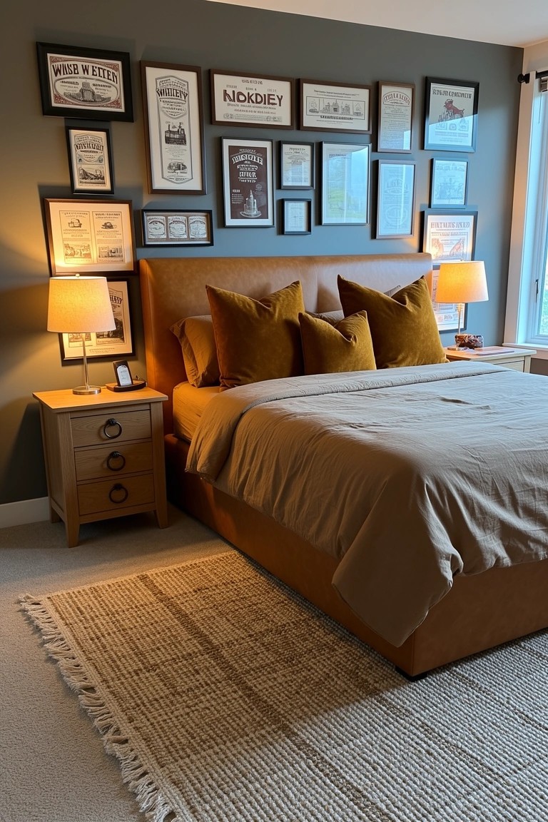 Bedroom with dark gray walls and a gallery of framed vintage whiskey posters above a tan leather bed, mustard pillows, and wooden nightstand