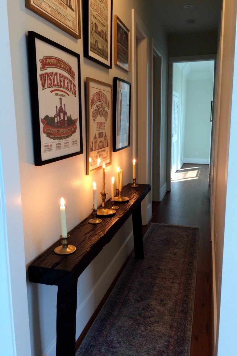 Narrow hallway lined with vintage whiskey posters in black frames above a rustic wooden console table holding brass candelabras with burning candles, Persian runner on hardwood floor