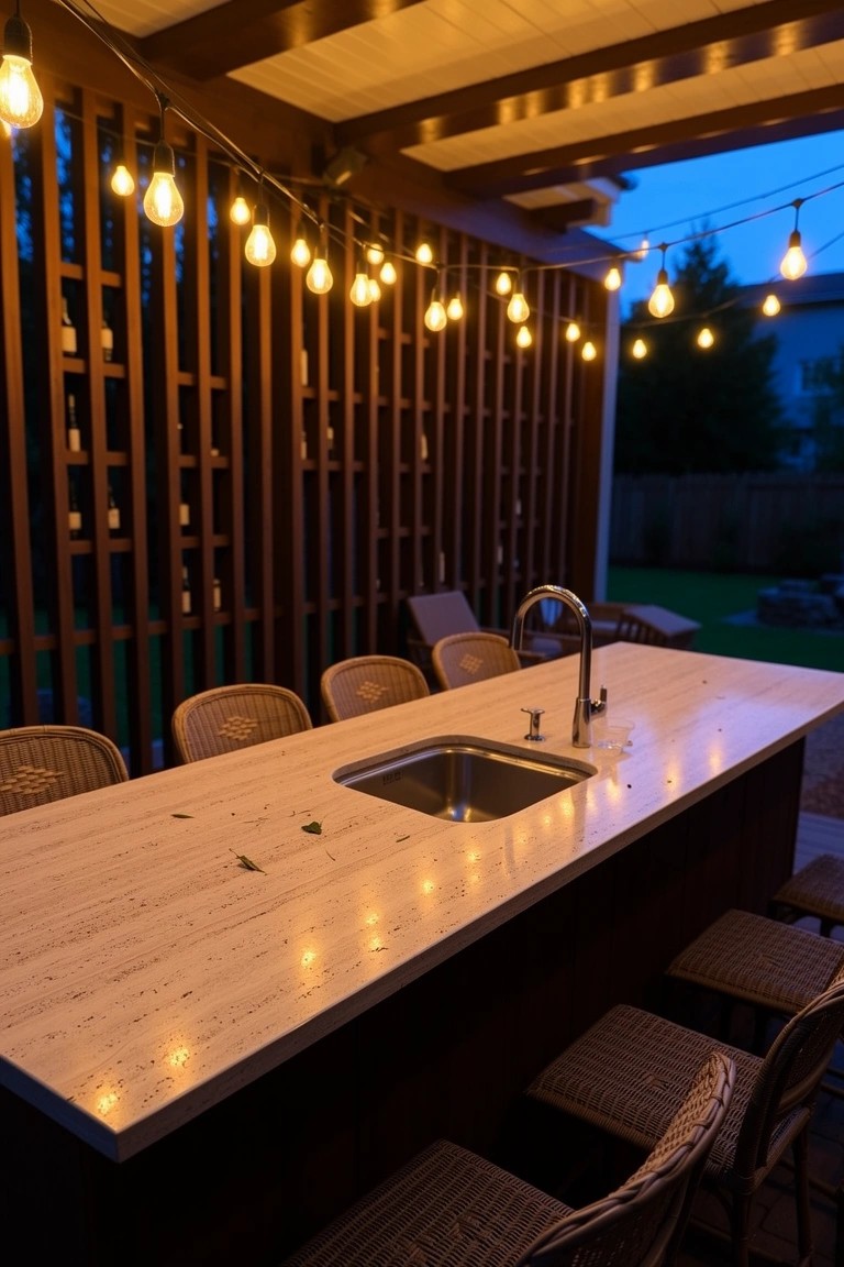 Outdoor pergola bar area with white countertop sink, wicker stools, lattice side panels, and string lights at dusk