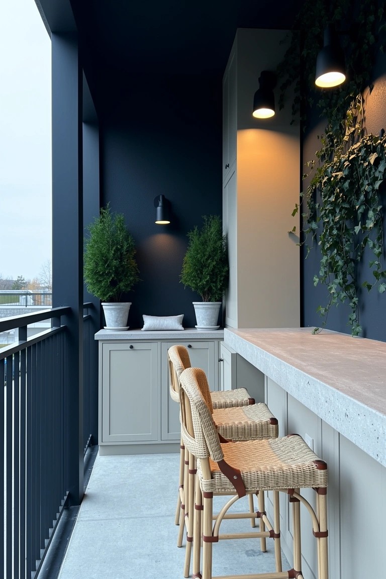 Balcony bar area with navy walls, climbing ivy, potted trees, wooden counter, and rattan stools