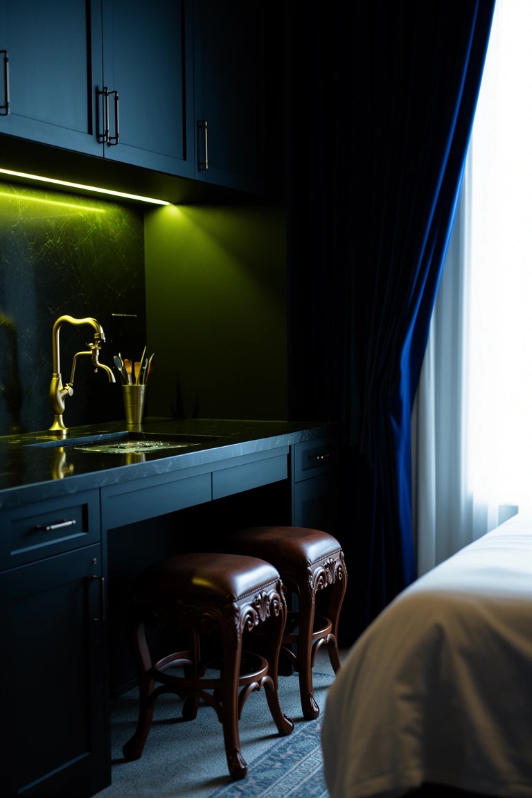 Dark cabinet bar nook in bedroom with gold faucet, green LED backsplash, carved leather stools, and bed nearby