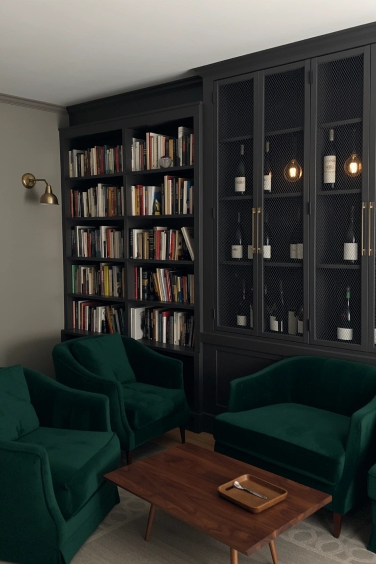 Dark wood built-in bookshelves and cabinets displaying wine bottles alongside books, with green velvet armchairs and a wooden coffee table in a modern lounge