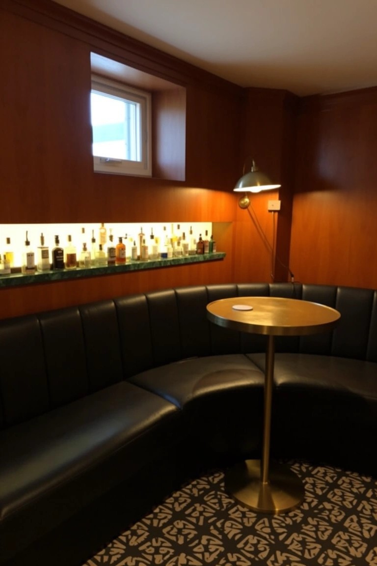 Modern speakeasy nook with curved black leather booth around brass table, wood-paneled walls, and backlit liquor shelves