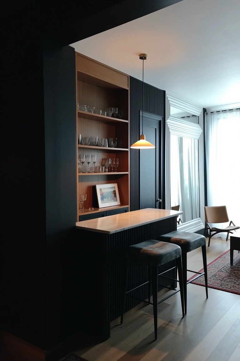 Modern home bar nook with dark wood cabinetry, open shelves displaying glassware, light wood counter, black stools, and pendant lighting