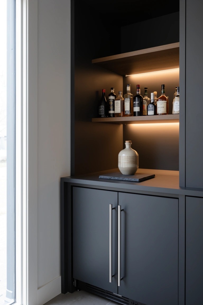 Dark built-in cabinet with warm LED-lit shelves holding liquor bottles and a simple vase on the slate countertop