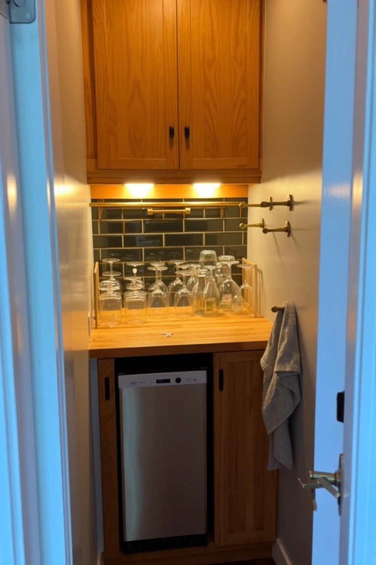 Narrow wooden wet bar built into a closet with glass racks on hooks, dishwasher drawer, subway tile backsplash, and under-cabinet lights