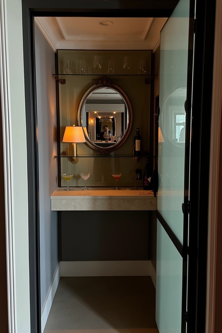 Narrow modern alcove with built-in wet bar, glass shelves, round mirror, cocktails, and lamp lighting