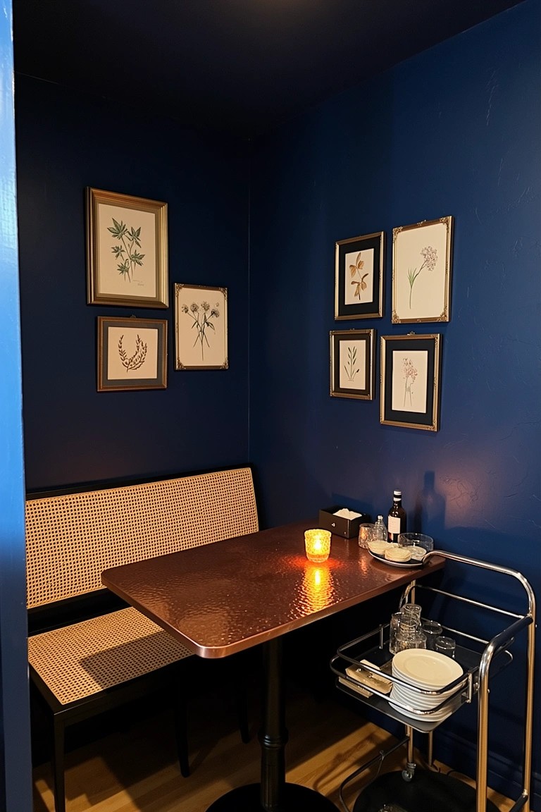 Cozy corner booth in navy blue room with copper-topped table, beige checkered bench, botanical framed art, and serving cart