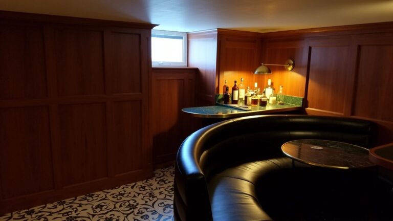 Modern speakeasy nook with curved black leather booth around brass table, wood-paneled walls, and backlit liquor shelves