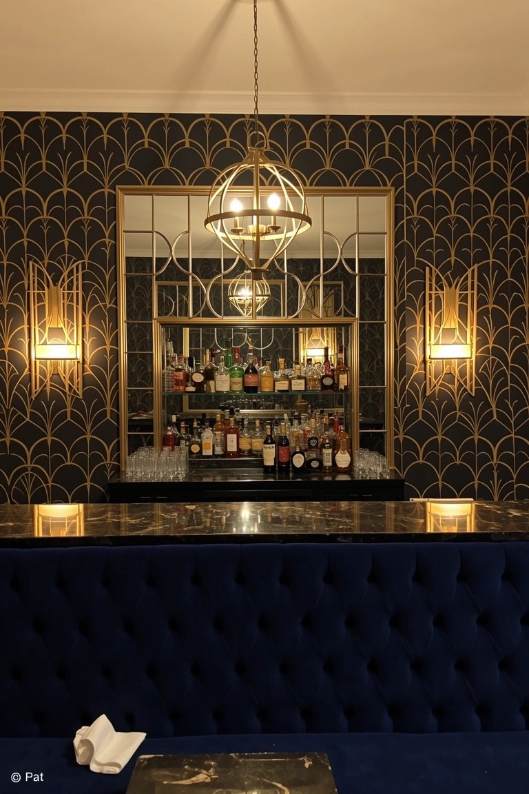 Home bar nook with black geometric wallpaper, gold-framed mirror backdrop, assorted liquor bottles, marble counter, and blue velvet seating