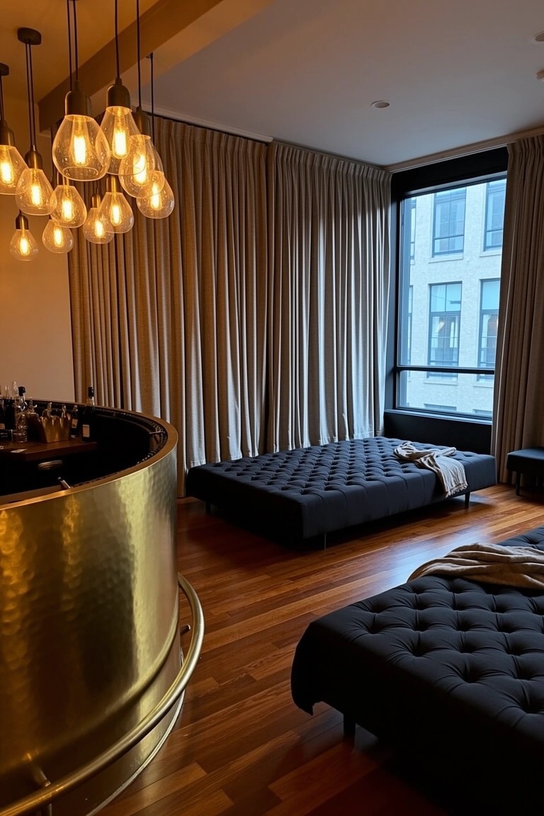 Modern speakeasy lounge with curved gold bar counter and black tufted benches on wood floors