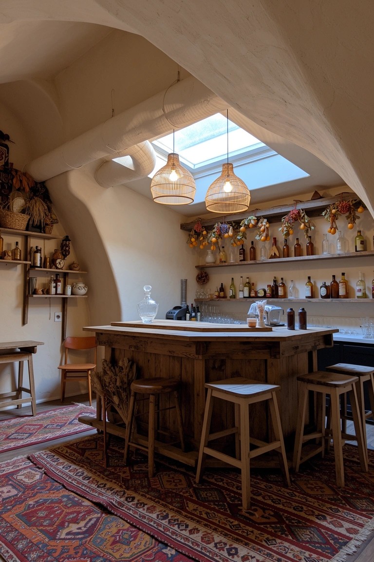 Rustic wooden bar counter with stools in a cozy arched speakeasy room, pendant lights hanging above, shelves stocked with bottles and decor