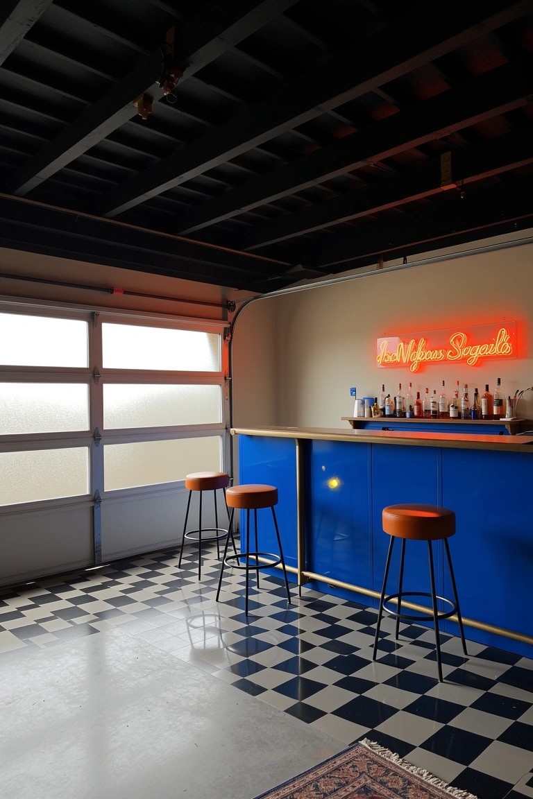 Garage converted to modern speakeasy bar with blue counter, orange stools, neon Absinthe sign, and black-and-white checkered floor
