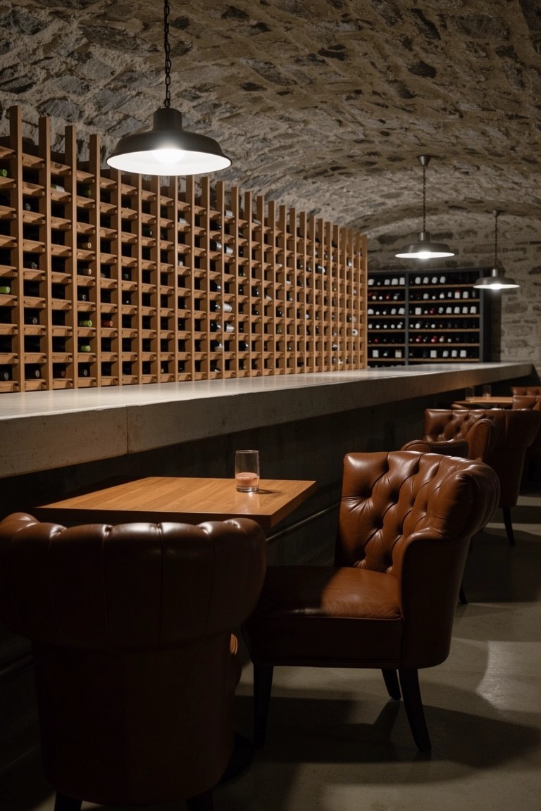 Home speakeasy bar with floor-to-ceiling wooden wine racks against stone walls, leather chairs at a wood counter, and pendant lights overhead