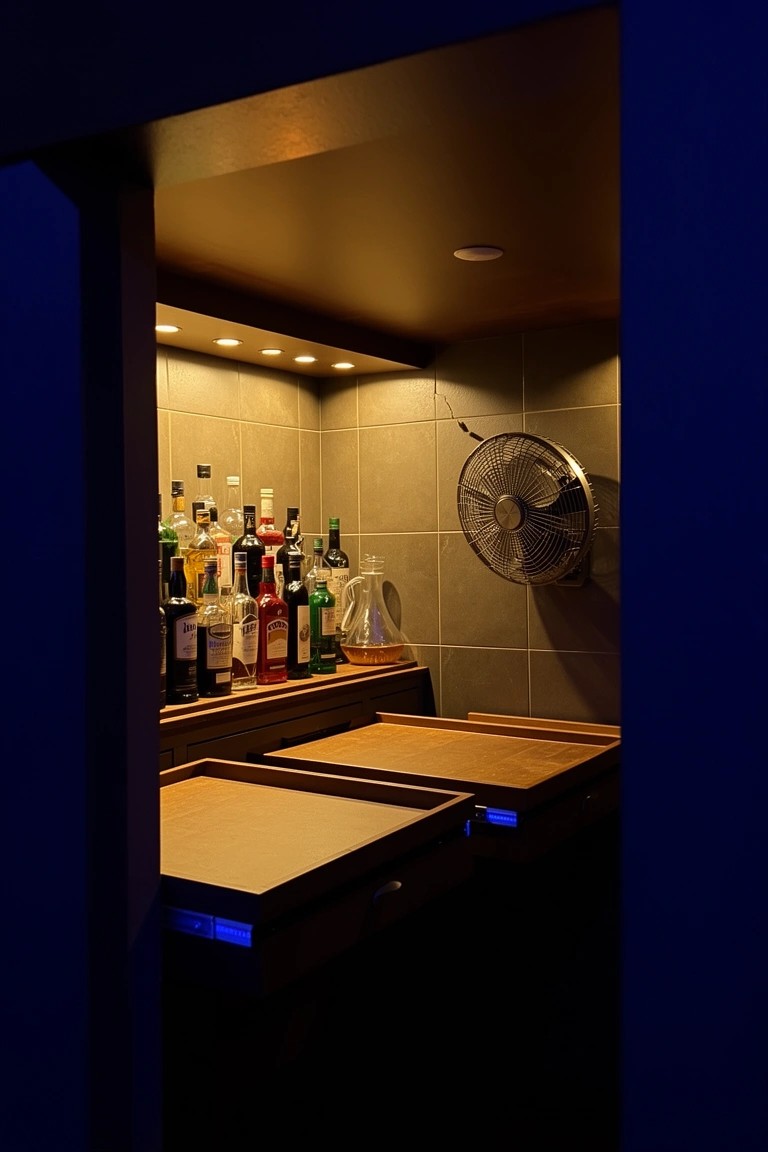Compact speakeasy bar with backlit wooden shelves displaying liquor bottles, tiled walls, and wooden counters