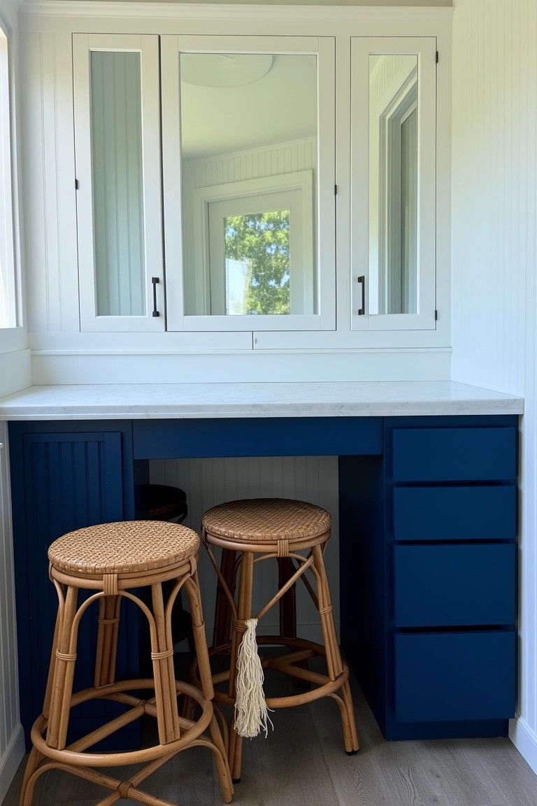 Compact built-in navy vanity desk with storage drawers, white mirrored wall cabinets, and rattan stools in a light room