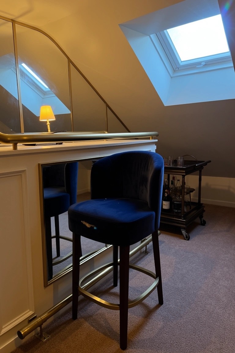 Blue velvet bar stool at gold-framed mirrored counter in sloped attic room with skylight and bar cart nearby