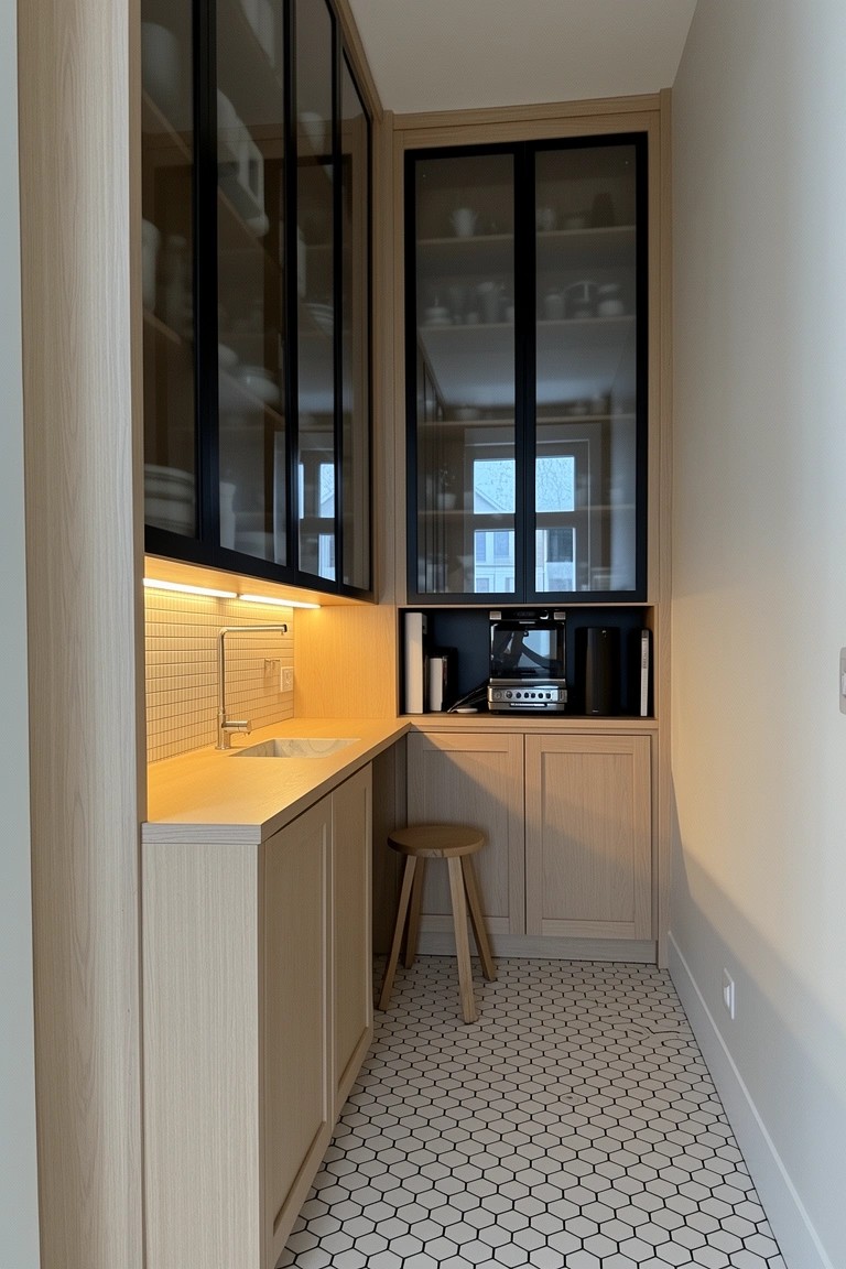 Narrow corner kitchenette with light wood cabinets, glass-fronted uppers, sink counter, appliances, and wood stool on hexagonal tile floor