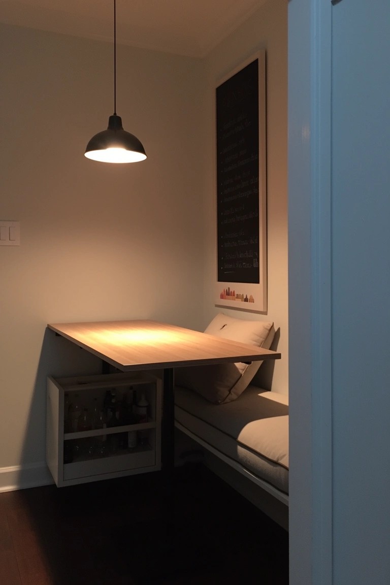 Compact corner banquette with light wood drop-leaf table, cushioned bench, under-bench storage cabinet, and single pendant light.