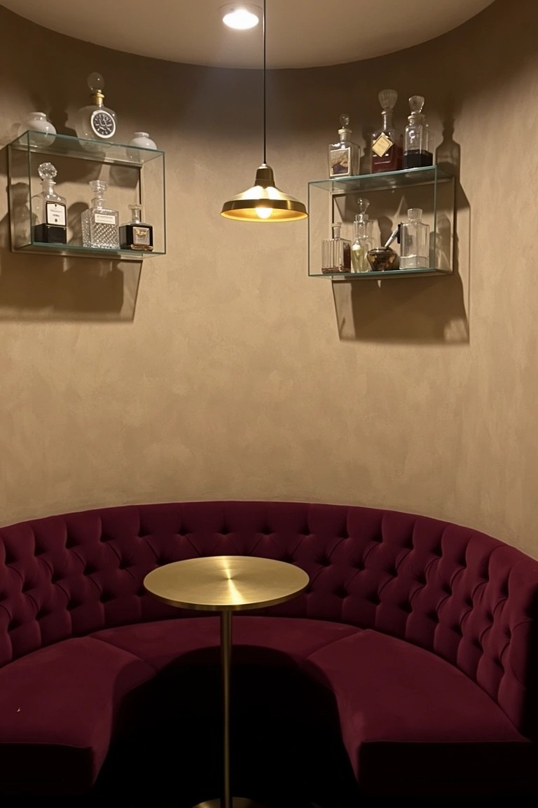 Curved maroon velvet booth around a brass table in a small beige speakeasy nook with glass shelves holding liquor bottles
