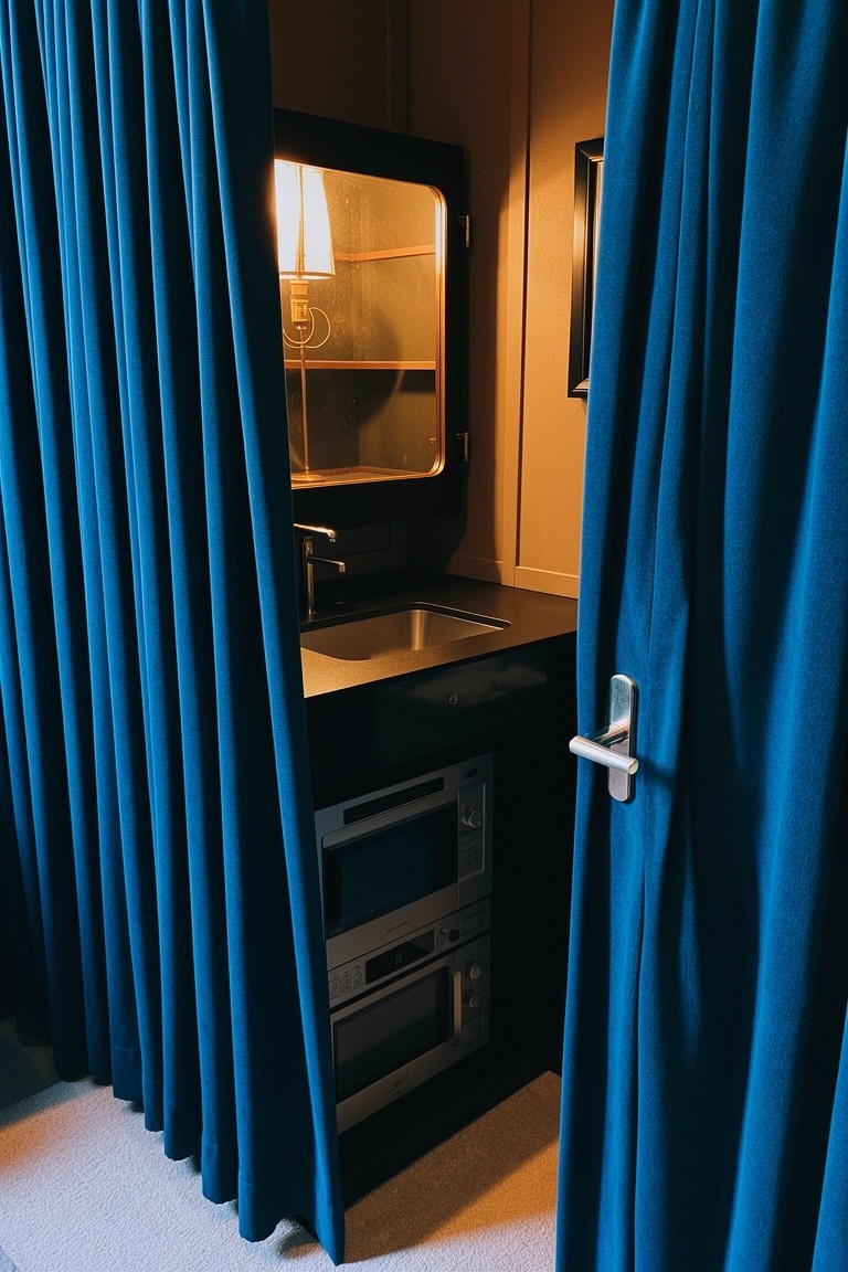 Blue velvet curtains pulled back to show a compact built-in bar with sink and microwave