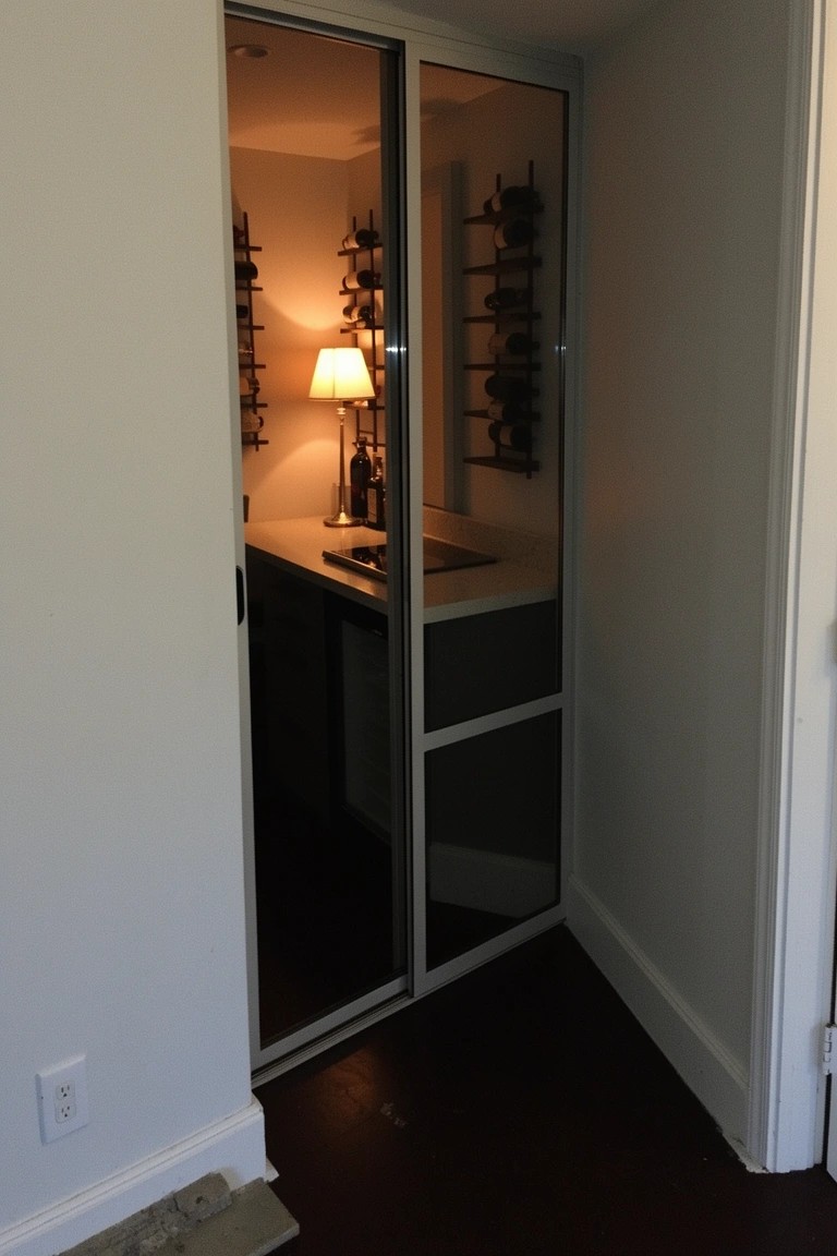 Sliding mirrored doors open to a compact speakeasy with wine racks and bar counter