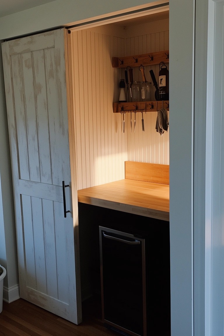 Narrow closet transformed into a mini speakeasy bar with open white barn door, wooden counter, black beverage fridge below, and pegboard rack holding utensils and bottles on white beadboard walls