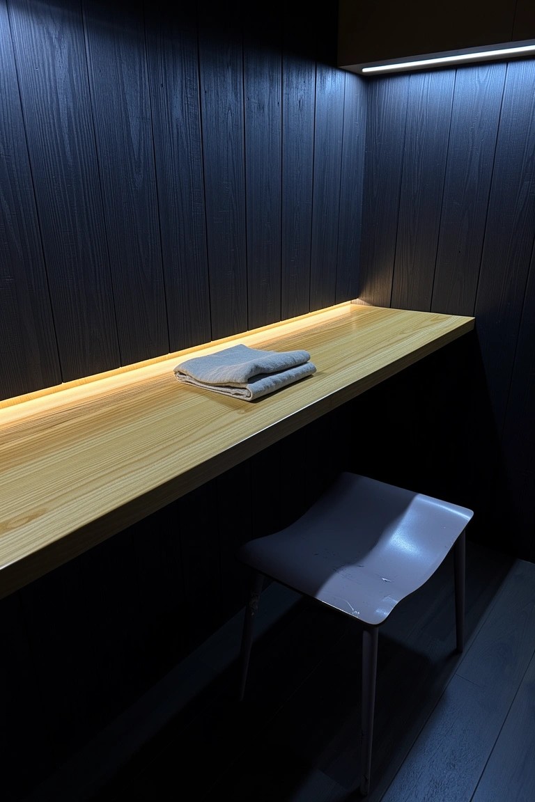 Compact dark wood-paneled nook featuring a floating wooden shelf with LED strip lighting underneath, gray towel on shelf, and simple gray chair below