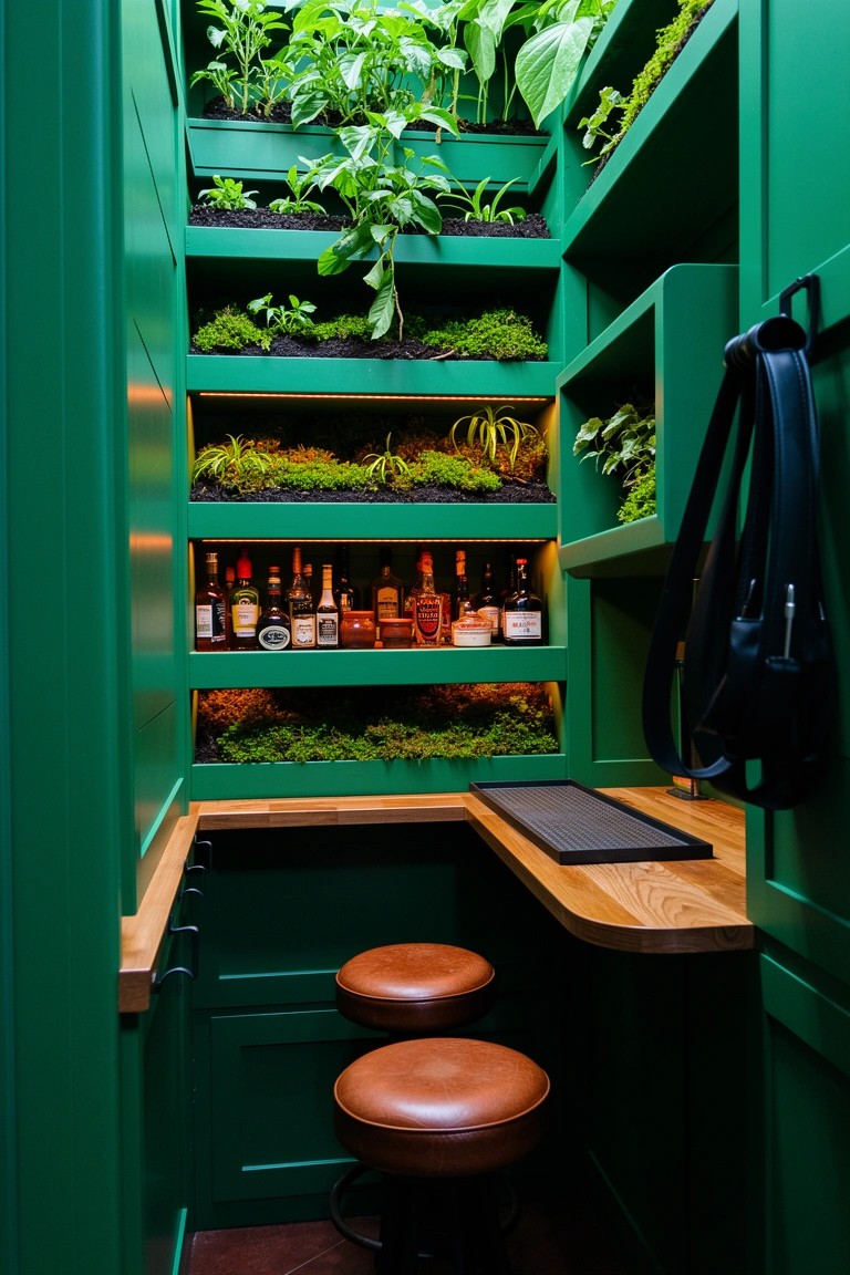 Compact speakeasy bar nook with emerald green walls covered in plants and moss, integrated shelves holding liquor bottles, wooden counter, and leather stools