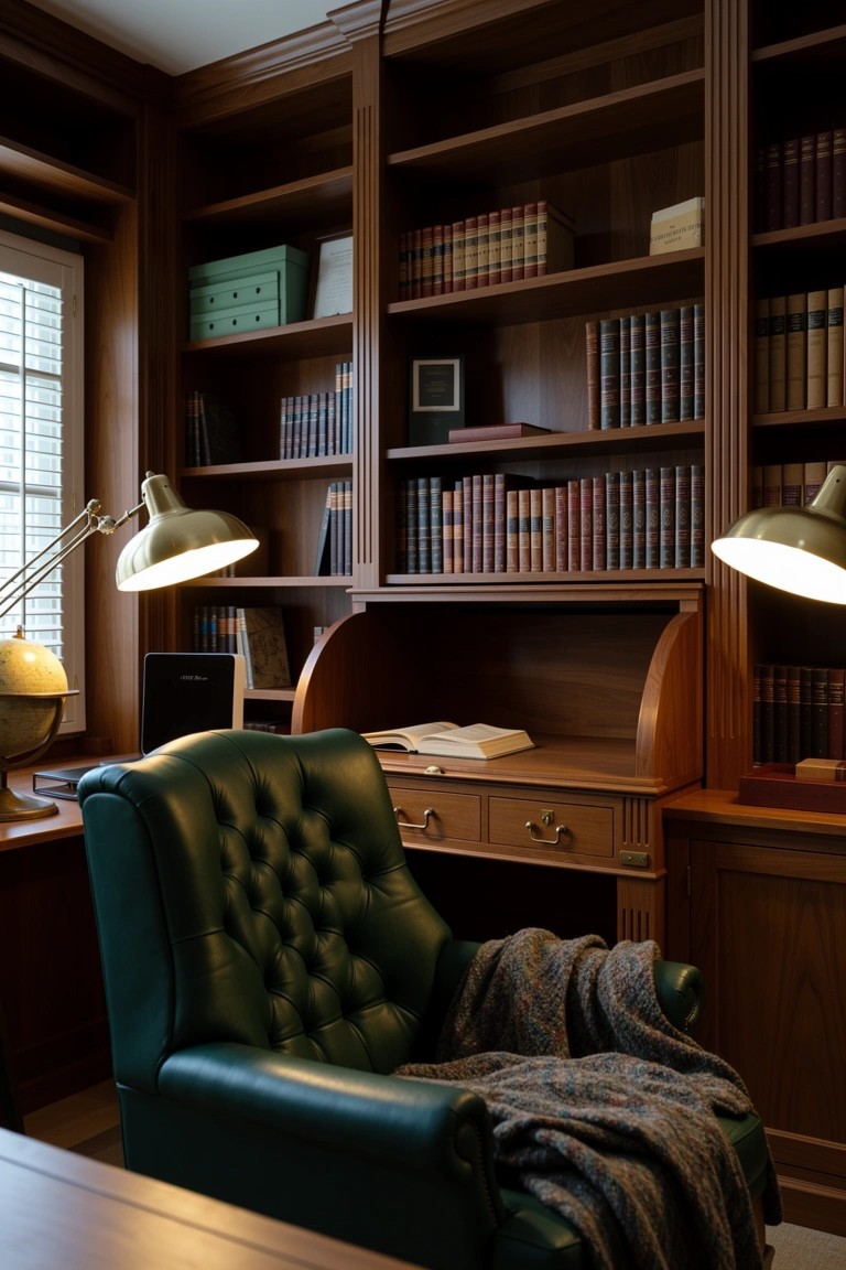 Dark wood bookshelves lining the walls of a cozy study with a green leather armchair, wooden desk, and brass lamps
