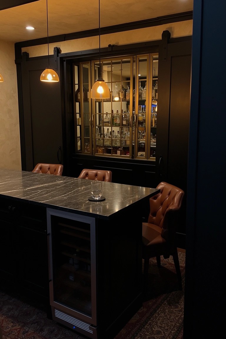 Dark wood home bar with marble countertop, leather stools, glass-fronted liquor cabinet, and integrated wine cooler