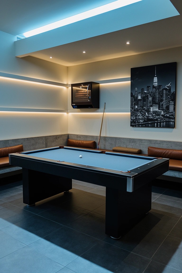 Modern man cave corner with black pool table, integrated leather benches, LED wall lights, and New York skyline artwork