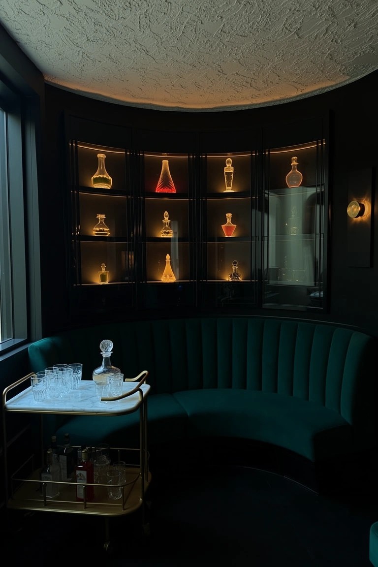 Curved emerald green velvet booth in a dark bar nook with backlit bottle shelves and a gold bar cart nearby