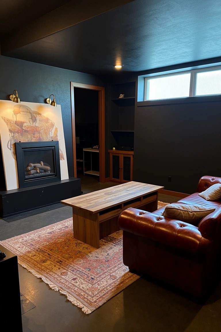 Basement lounge with dark walls, gas fireplace under large artwork, wooden coffee table, red leather armchair on oriental rug