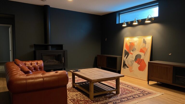 Basement lounge with dark walls, gas fireplace under large artwork, wooden coffee table, red leather armchair on oriental rug