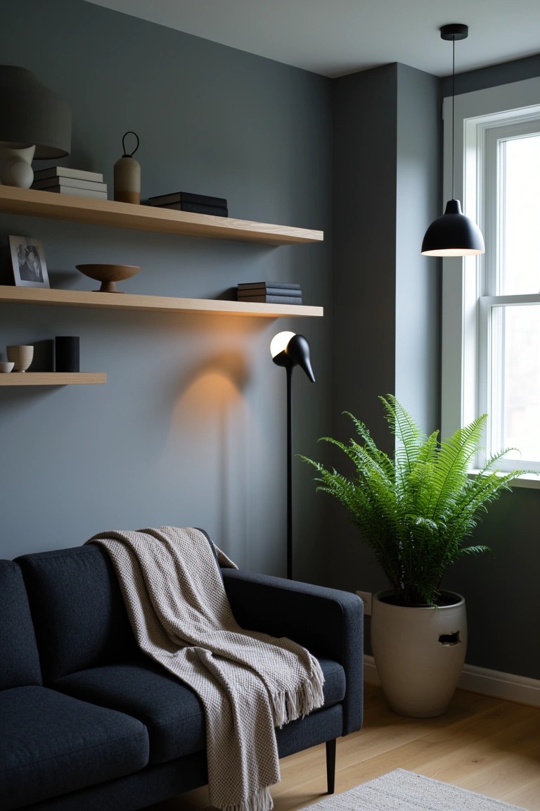 Dark gray corner room with floating wood shelves displaying books and pottery above a black sofa and tall potted fern