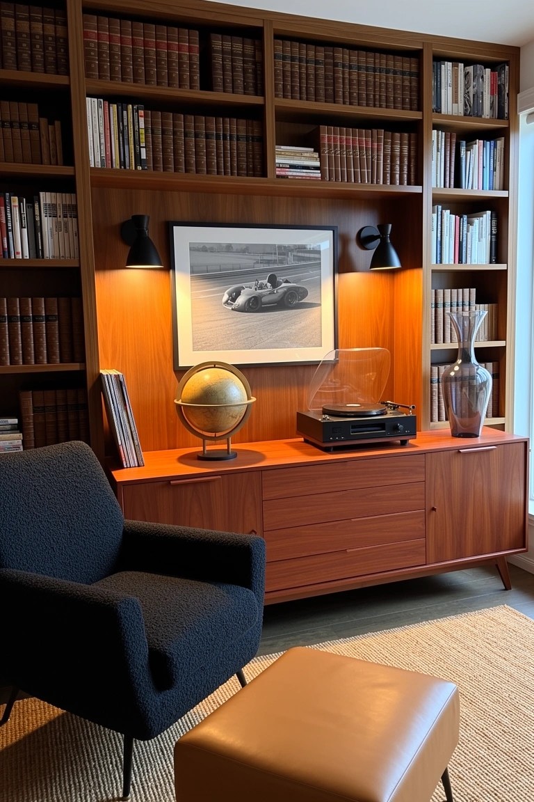 Tall wooden bookshelves flanking a credenza with record player and globe in a cozy mid-century study