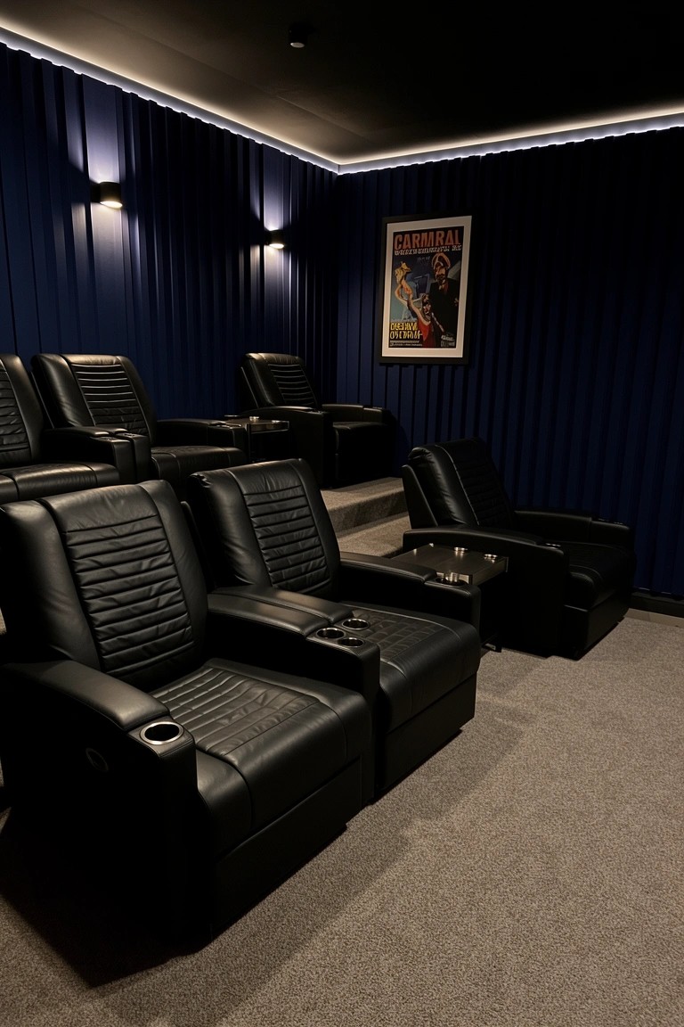 Navy blue paneled home theater room with rows of black leather recliners, LED lighting, and a vintage movie poster