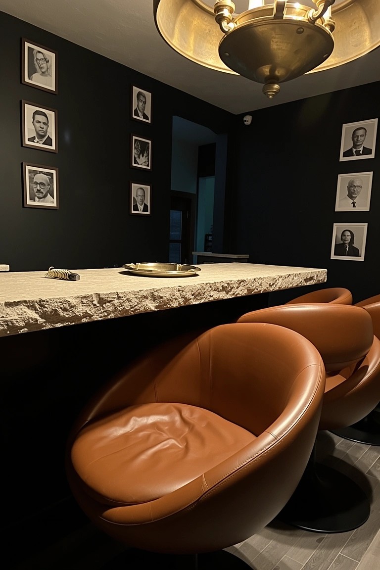 Masculine bar area with black walls, black-and-white portrait frames, light stone countertop, and orange leather swivel chairs