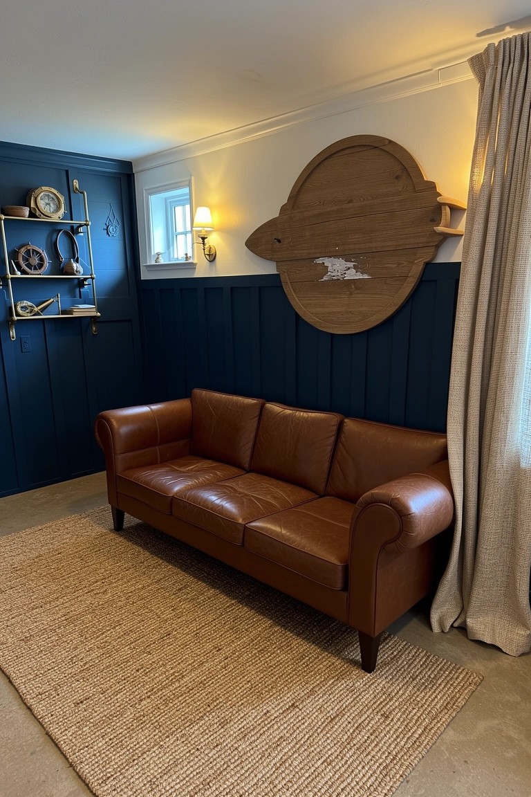Man cave with navy blue paneled walls, brown leather sofa on jute rug, wooden surfboard wall hanging, and nautical shelves by a window