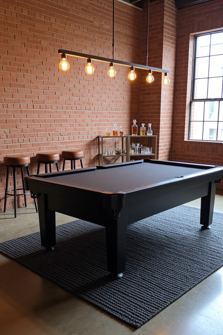 Black pool table centered in exposed brick room with bar stools, liquor cart, and industrial pendant lights